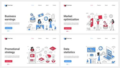 Business data optimization, statistics analysis, earnings thin line set and tiny Stock Illustration