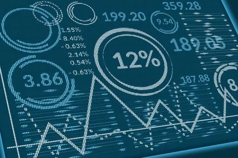 Business data on pixels screen. Perspective view of computer monitor or infor Stock-Fotos