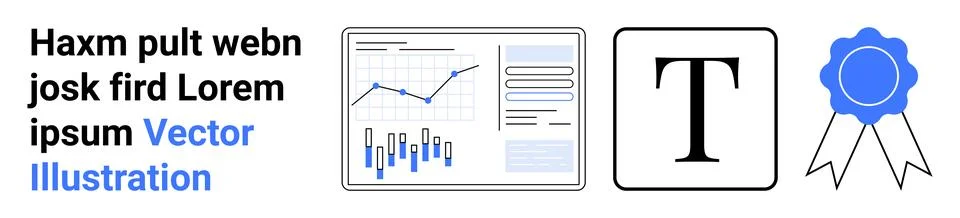 Business Data Presentation with Graphs, Text Editing, and Achievement Badges Stock Illustration