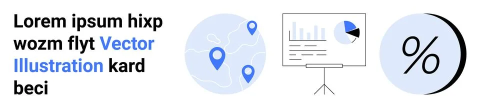 Business data presentation with map markers, analytical display, and percenta Illustrazione stock