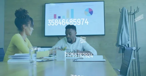 Business data processing animation over colleagues discussing documents in Stock Footage 306199370