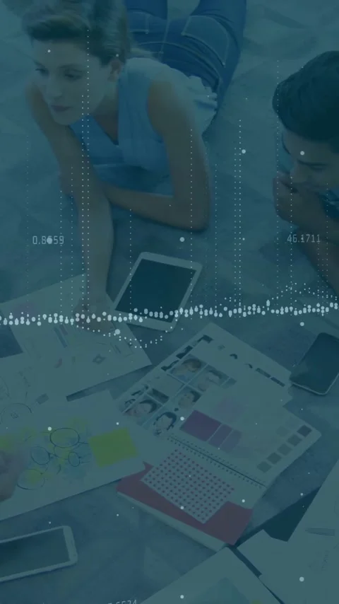 Business data processing animation over group of people collaborating on floor Stock Footage 319976841