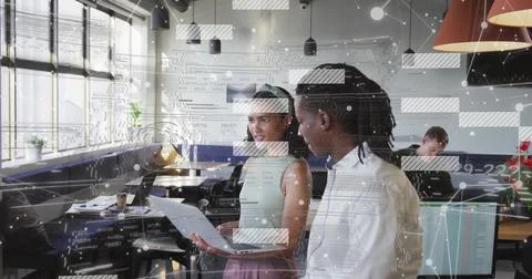 Business data processing image over diverse colleagues discussing work in modern Stock Illustration