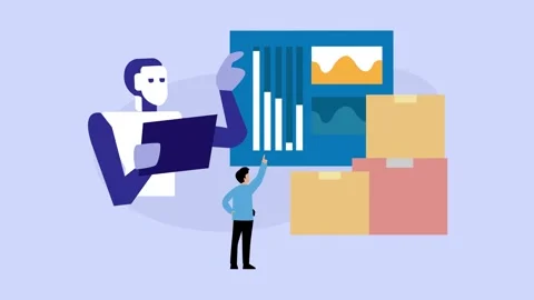 Business data report. Robot driven data analytics dashboard cartoon animation Stock Footage 302533788