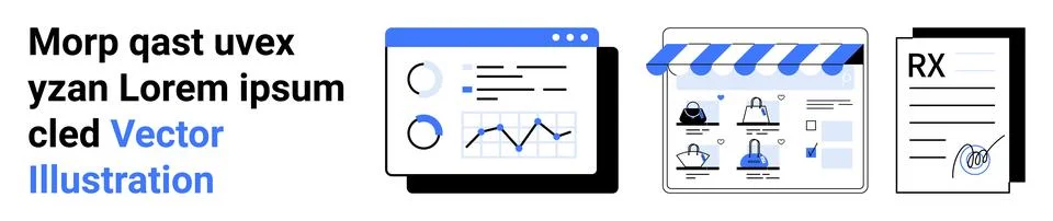 Business data on screen with graphs, online store interface with product layo 스톡 일러스트