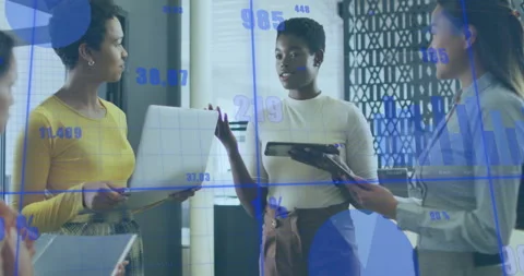Business data visualization animation over diverse team discussing in office Stock Footage 305816405