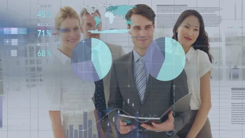 Business data visualization animation over diverse business team in office Stock Footage 306719899
