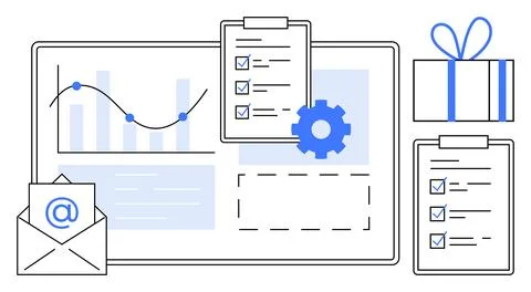 Business data visualization, checklist on clipboards, email icon, gear for se Stock Illustration