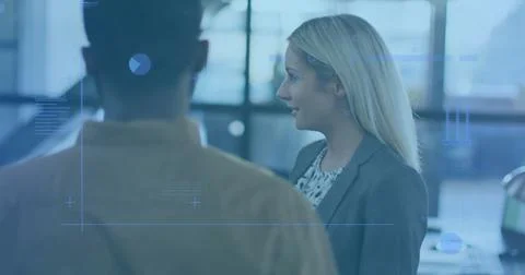 Business data visualization image over diverse professionals in office Stock Photos