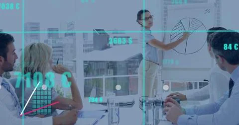 Business data visualization image over diverse professionals in modern office Foto stock