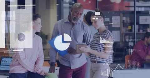 Business data visualization image over diverse colleagues discussing tablet in Fotos de archivo