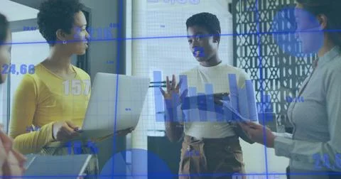 Business data visualization image over diverse team discussing in office Stock Photos