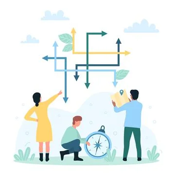 Business decision making process of tiny people in doubt using compass, map and Stock Illustration