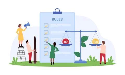 Business decision right and wrong according to rules, tiny people weigh Yes and 스톡 일러스트