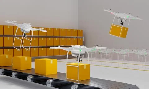 Business of delivering parcels with drones to the sky. Warehouse, parcel bo.. Illustrazione stock