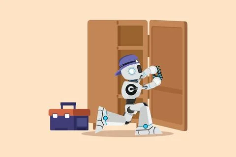Business design drawing robot maker or constructions of wood home furniture.. Stock Illustration