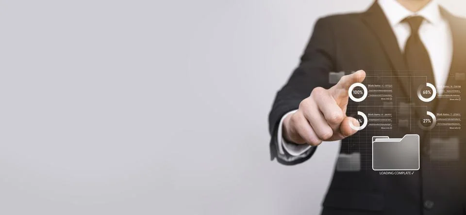 Business developer hand using board framework on virtual modern computer show Stock Photos
