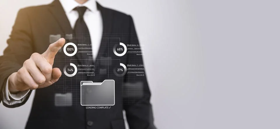 Business developer hand using board framework on virtual modern computer show Foto stock