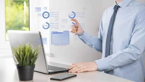 Business developer hand using board framework on virtual modern computer show Foto stock