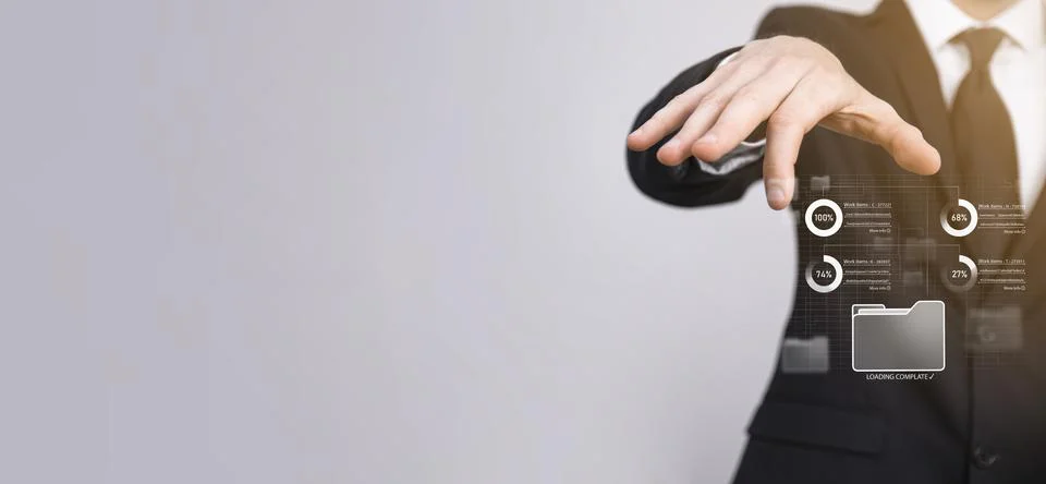 Business developer hand using board framework on virtual modern computer show Foto stock