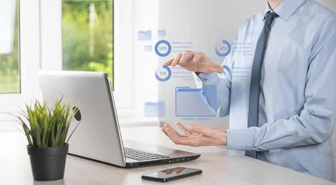 Business developer hand using board framework on virtual modern computer show Stock Photos