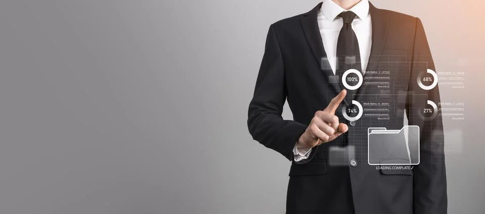 Business developer hand using board framework on virtual modern computer show Foto stock