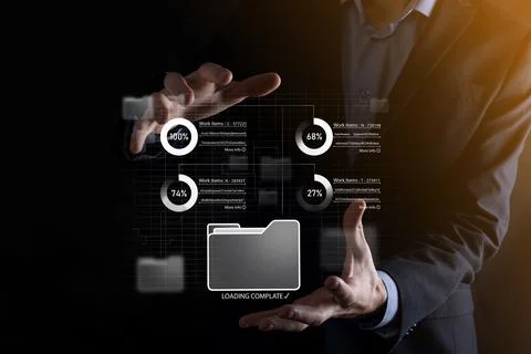 Business developer hand using board framework on virtual modern computer show Foto stock