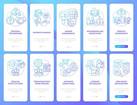 Business development blue gradient onboarding mobile app screen set Stock Illustration