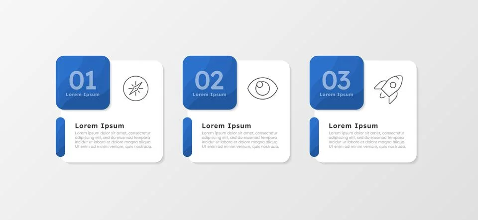 Business development blue square infographic 3 steps Stock Illustration