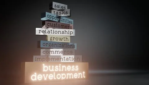 Business development concept - block shapes and glow effect - 3D illustration Stock Illustration