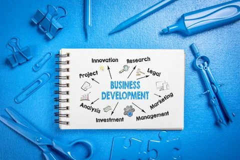 Business Development Concept. Chart with keywords and icons. Abstract blue Stock Photos