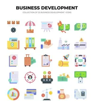Business Development Icons. 25 Flat Design Graphics for Strategy and Growth Illustrazione stock