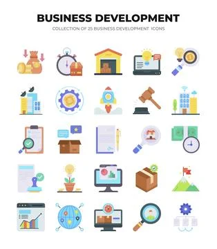 Business Development Icons. 25 Flat Design Graphics for Growth and Strategy Stock Illustration