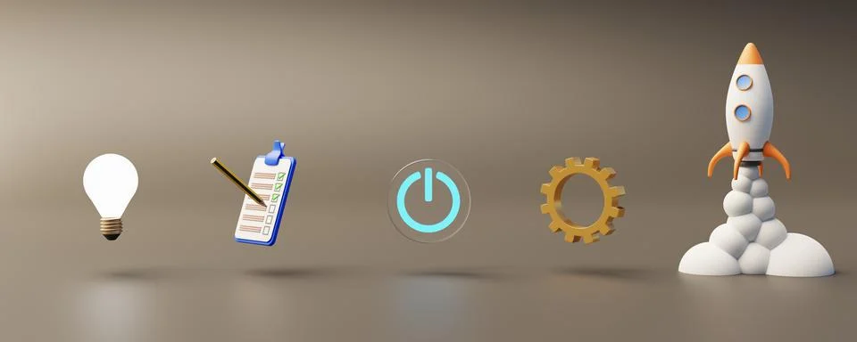 Business development process. Idea, validation, start, work and success. 3d r Illustrazione stock