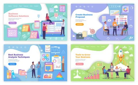 Business development processes, planning organization landing page with office Stock Illustration