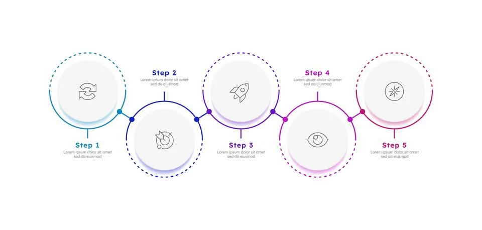 Business development strategy circle horizontal timeline infographic 5 steps Stock Illustration