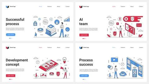 Business development, success of team process, AI technology set and tiny people Stock Illustration