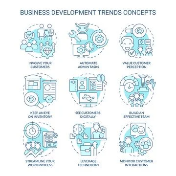Business development trends turquoise concept icons set Stock Illustration