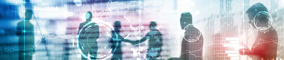 Business digital interface with graphs, charts, icons and timeline on blurred Illustrazione stock