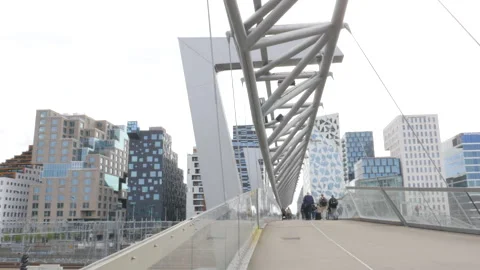 Business District Barcode located in Olso. People Walking Through the Bridge. Stock Footage 248470395