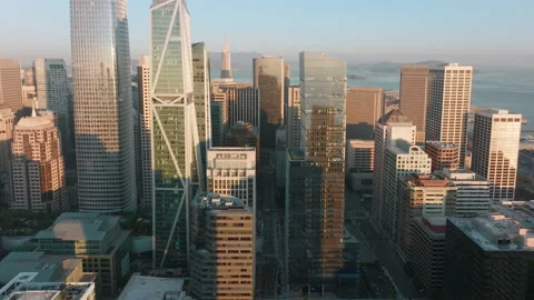 Business district building with wall mirror with blue sky, San Francisco USA 4K Stock Footage