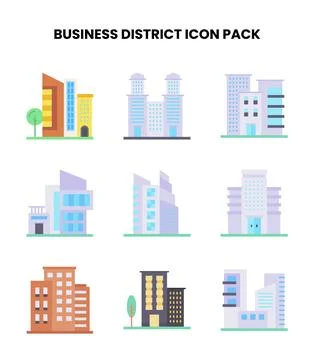 Business District Flat Vector Icons Pack イラスト素材