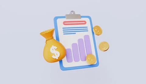 Business document displaying a graph, Money bag and dollar coins Stock Illustration