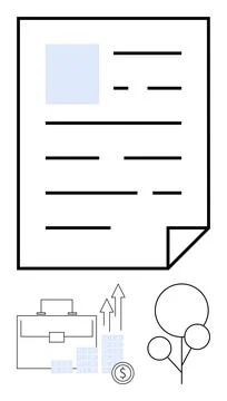 Business Document with Graphs, Briefcase, Currency, and Tree Elements Indicating Stock Illustration