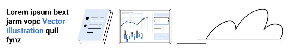Business Documents and Data Analysis Charts with Cloud Storage Representation Stock Illustration