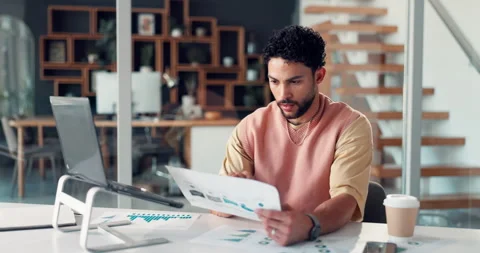 Business, documents and man in office, computer and charts for profit growth. Stock Footage 320104279