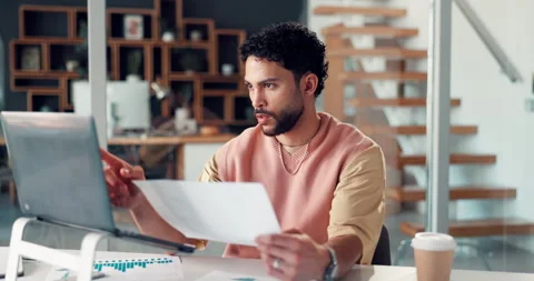 Business, documents and man in workplace, computer and charts for profit growth, Stock Footage 320110302