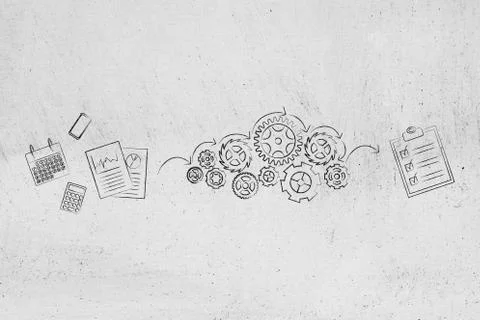Business documents being processed by gearwheels into a ticked off To Do list Stock Illustration