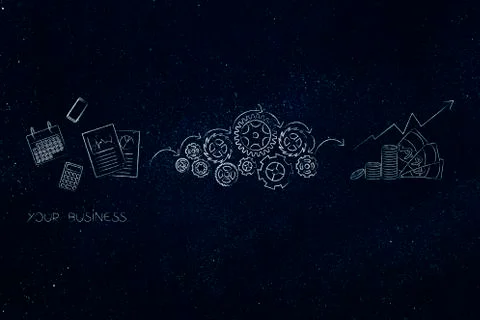 Business documents being processed by gearwheels into growing profits Stock Illustration