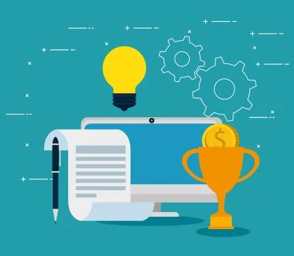 Business documents with bulb idea and computer Stock Illustration
